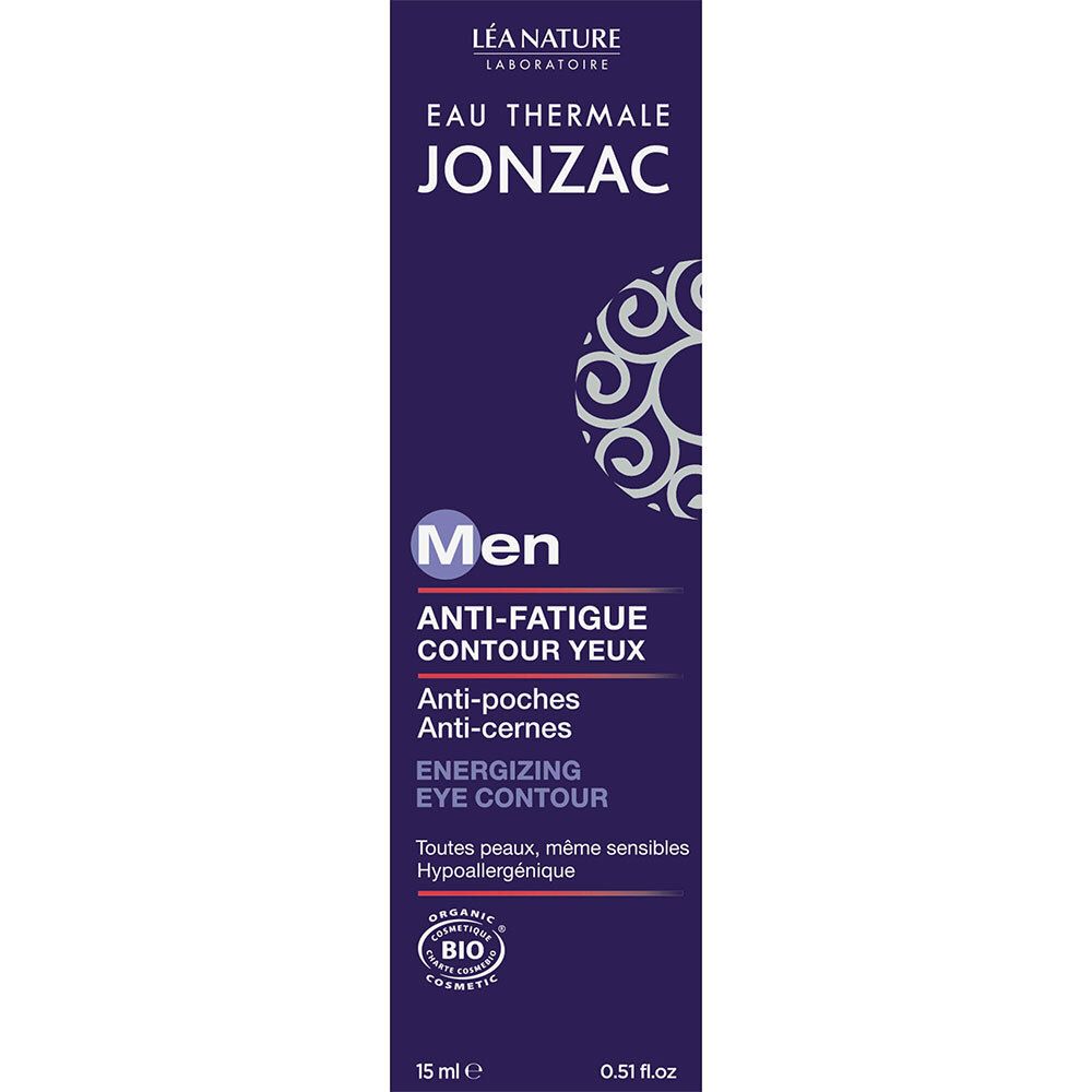 Tube bleu-violet. Texte: Jonzac, Men, Anti-Fatigue Contour Yeux, Anti-poches, Anti-cernes. Label Bio. Motif blanc.