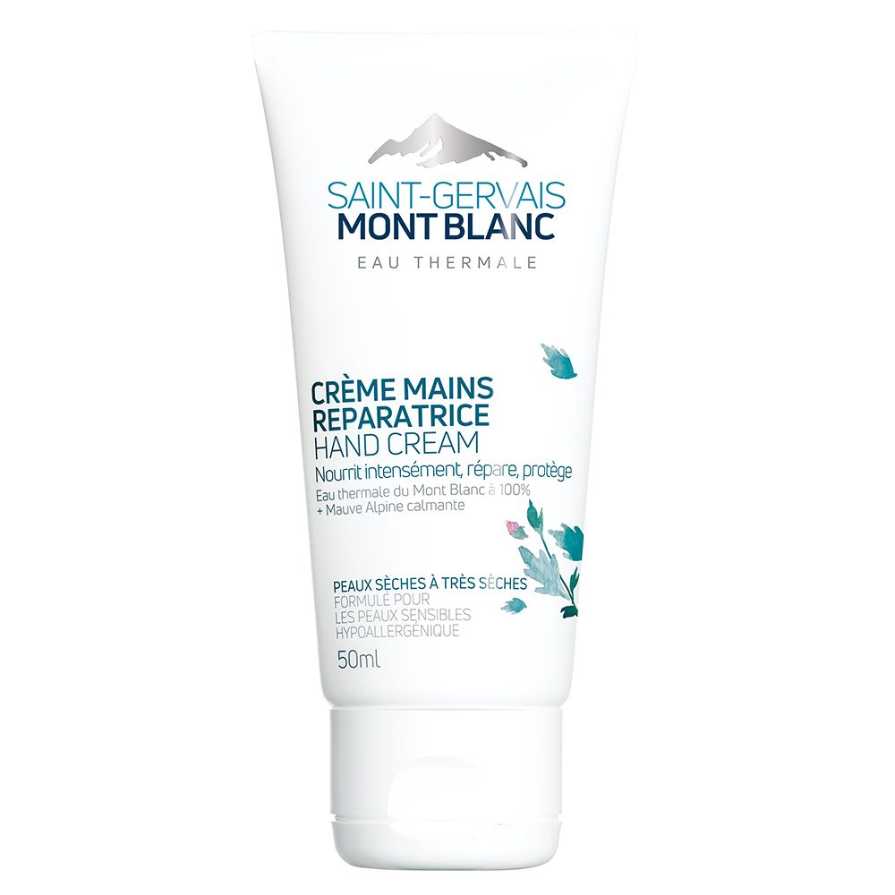 Witte tube Saint-Gervais Mont Blanc handcrème. Tekst: Crème Mains Réparatrice, voor droge tot zeer droge huid. 50ml.