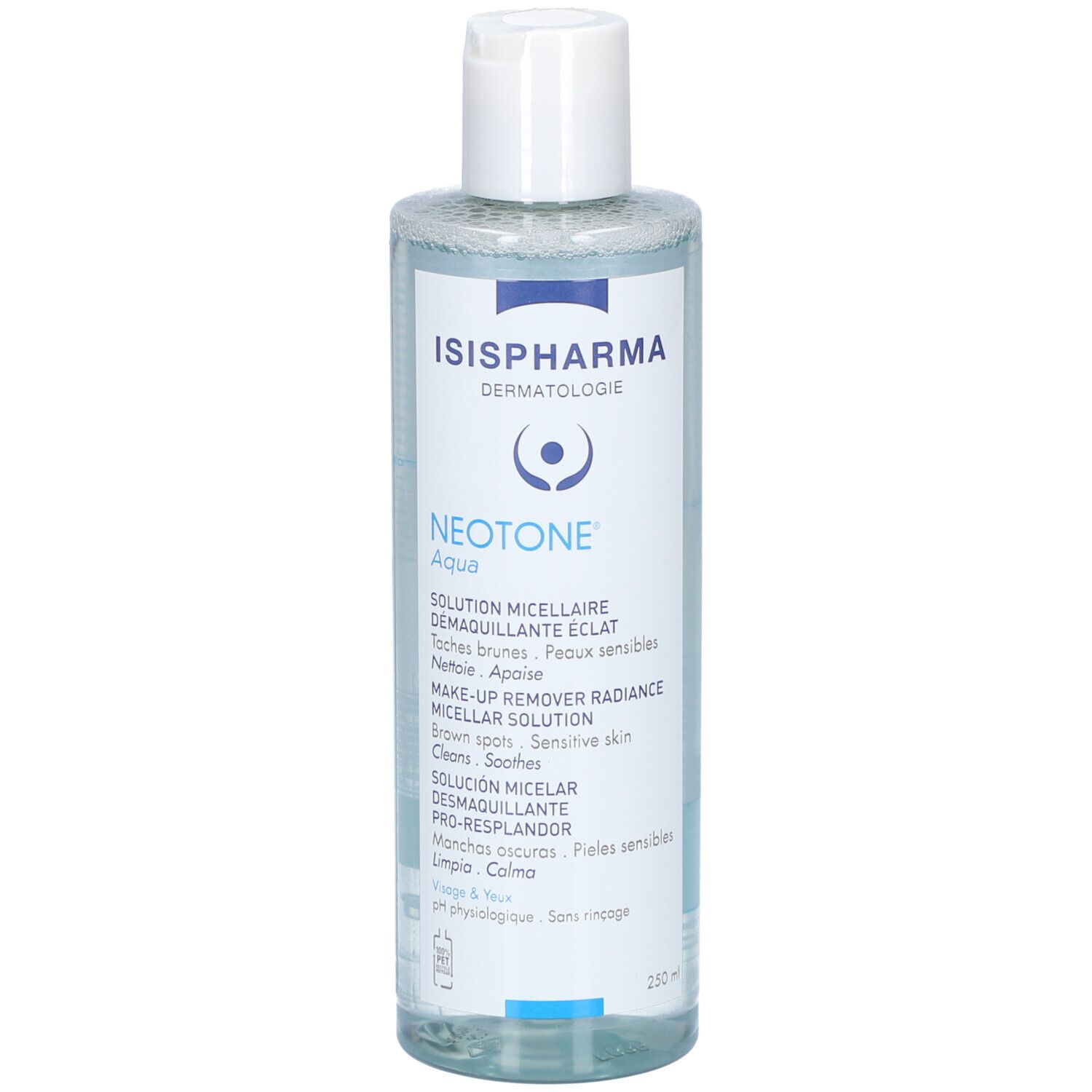 Huidverzorgingsoplossing in een transparante fles met witte dop. Opschrift: ISISPHARMA, Neotone Aqua, Micellaire oplossing.