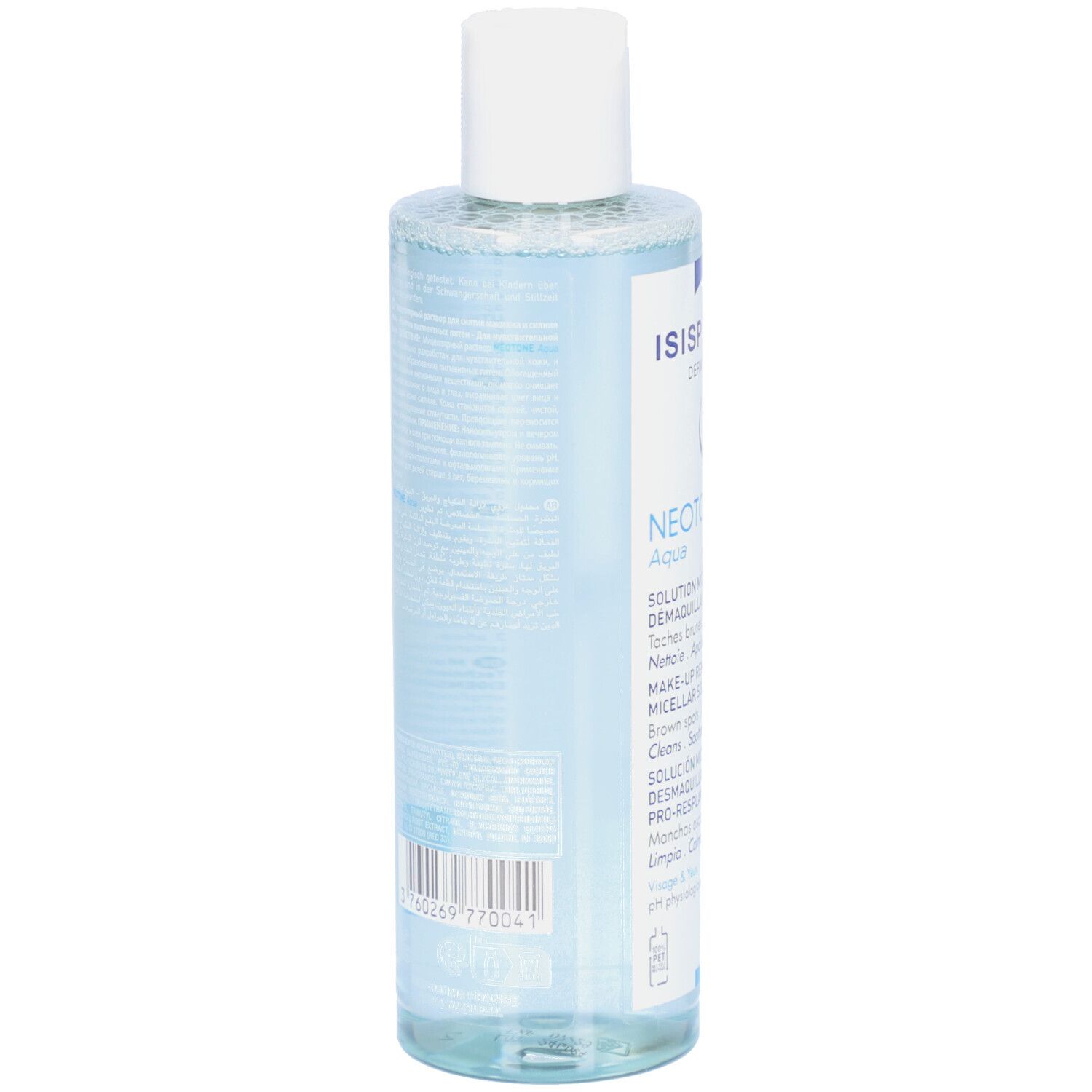 Achterkant van een transparante fles met huidverzorgingsoplossing. Tekst en barcode zichtbaar. Witte dop.