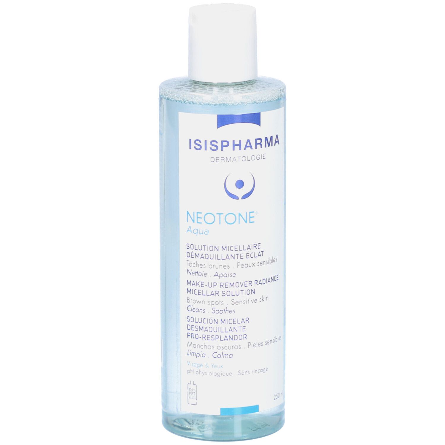 Huidverzorgingsoplossing in een transparante fles met witte dop. Opschrift: ISISPHARMA, Neotone Aqua, Micellaire oplossing.