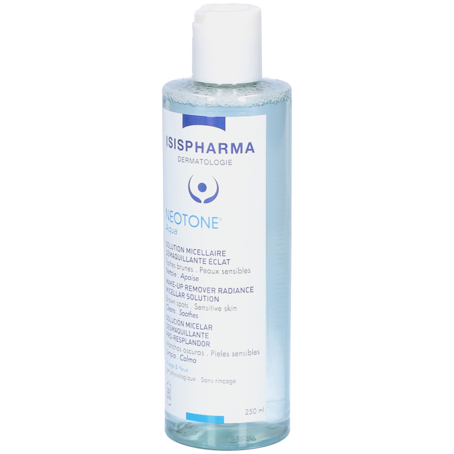 Huidverzorgingsoplossing in een transparante fles met witte dop. Opschrift: ISISPHARMA, Neotone Aqua, Micellaire oplossing.