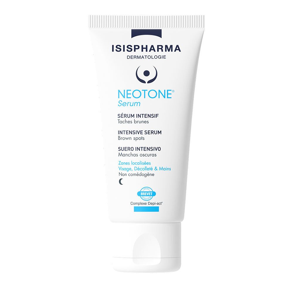 Witte tube met blauwe tekst. ISISPHARMA Dermatologie, Neotone Serum. Sérum Intensif, bruine vlekken. Nachtsymbool. Brevet.