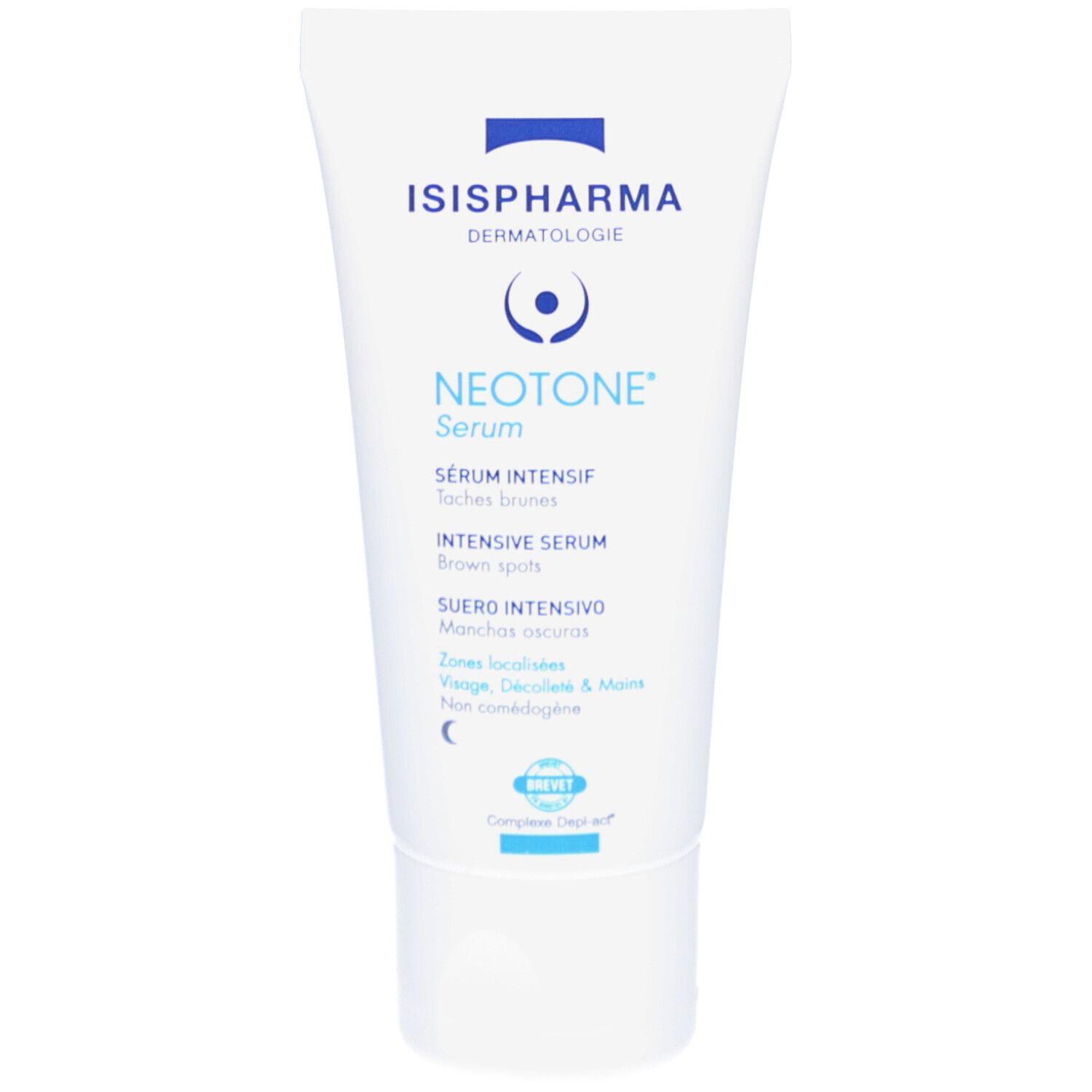 Witte tube met blauwe tekst. ISISPHARMA Dermatologie, Neotone Serum. Sérum Intensif, bruine vlekken. Nachtsymbool. Brevet.