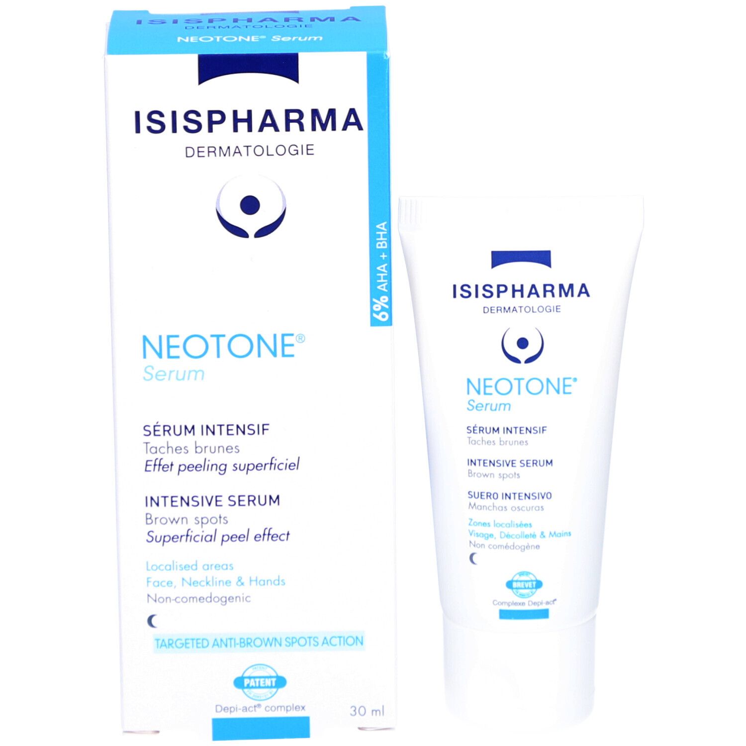 Verpakking en tube. ISISPHARMA Dermatologie, Neotone Serum. Sérum Intensif, bruine vlekken. 6% AHA + BHA. 30 ml.