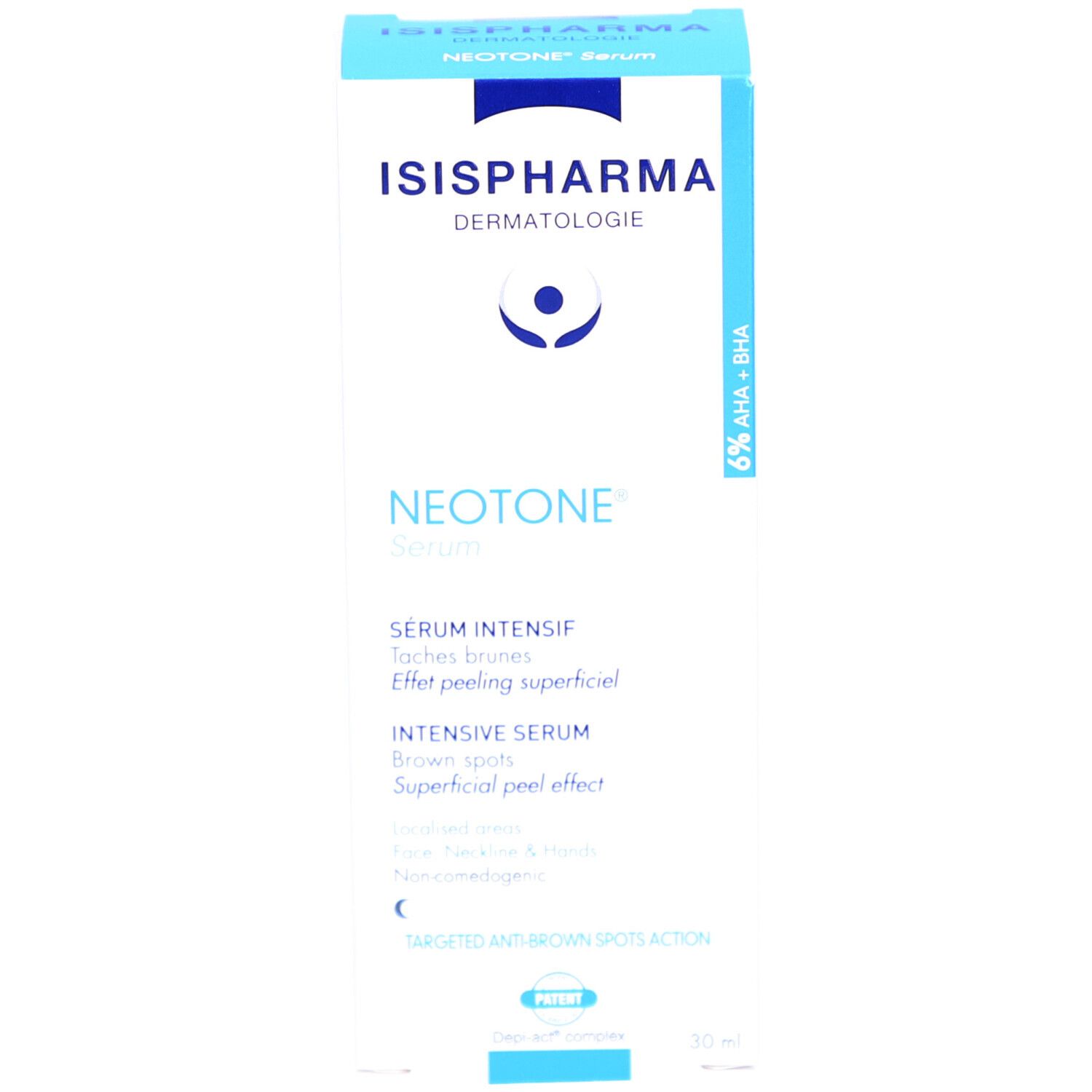 Verpakking. ISISPHARMA Dermatologie, Neotone Serum. Sérum Intensif, bruine vlekken. 6% AHA + BHA. 30 ml.