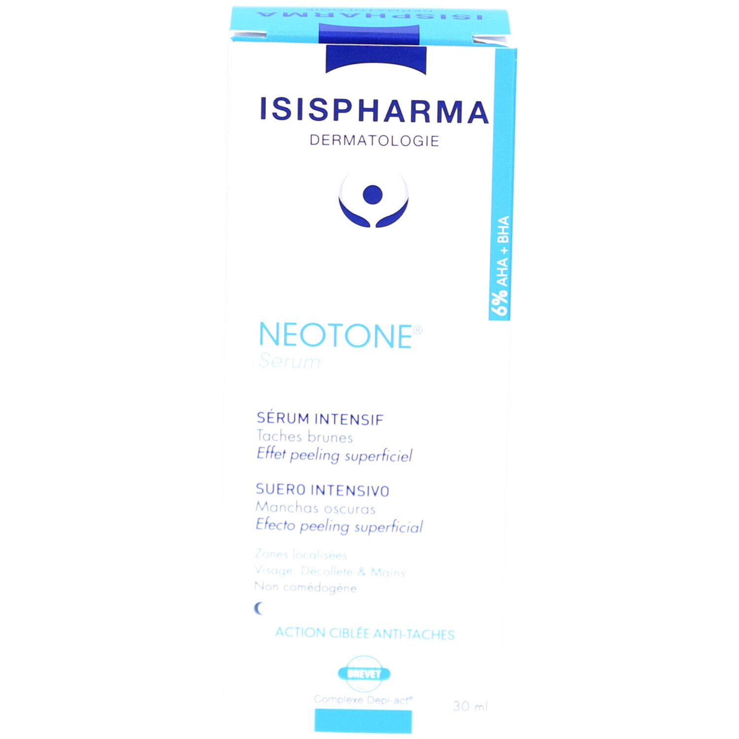 Verpakking. ISISPHARMA Dermatologie, Neotone Serum. Sérum Intensif, bruine vlekken. 6% AHA + BHA. 30 ml.