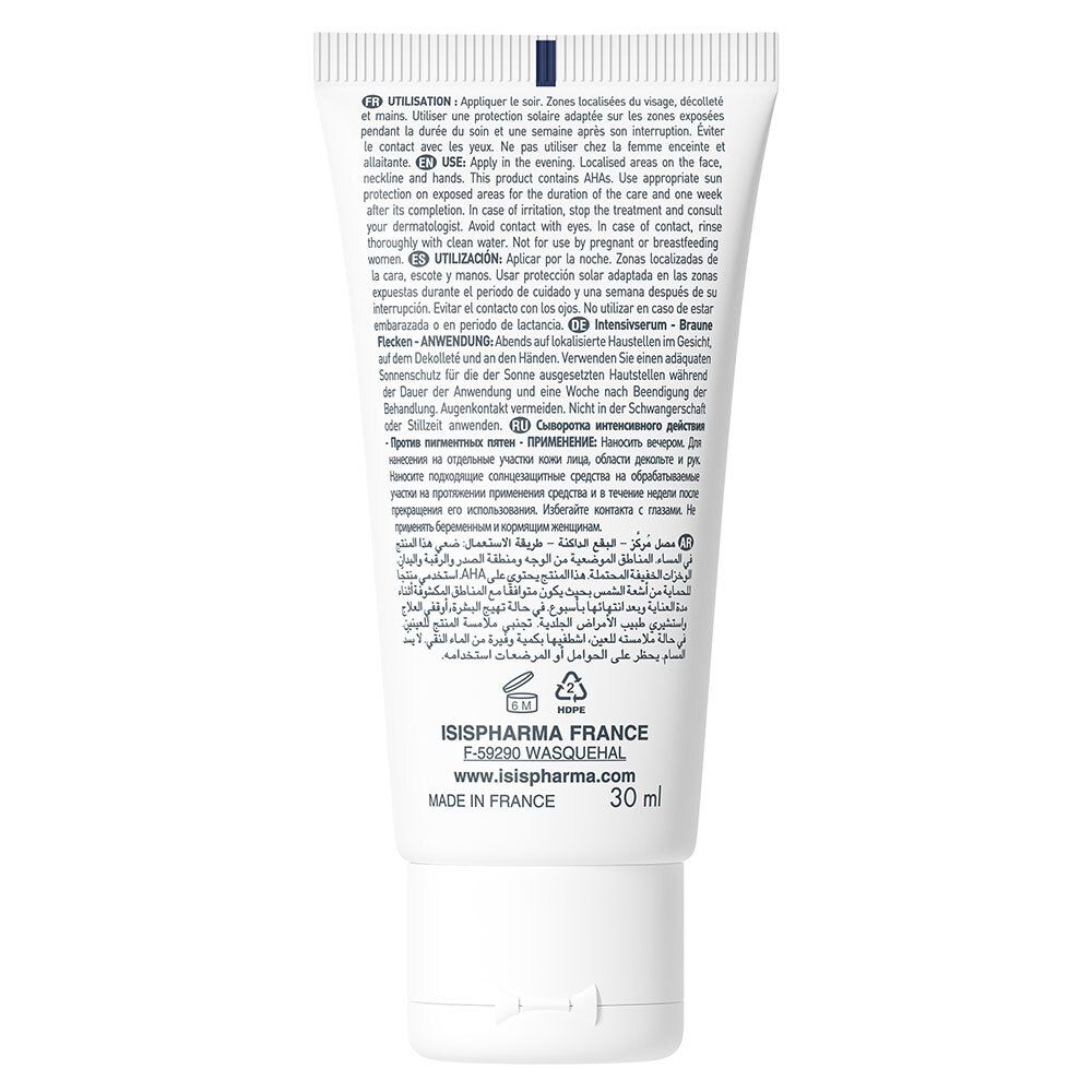 Achterkant van de tube. Meertalige tekst: Gebruik, ingrediënten, ISISPHARMA France, 30 ml. Gemaakt in Frankrijk.