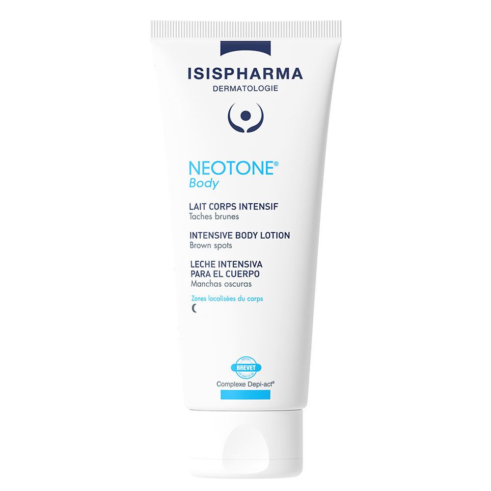 Witte tube met blauwe tekst. ISISPHARMA Dermatologie, Neotone Body, Intensive Body Lotion. Bevat tekst in meerdere talen.