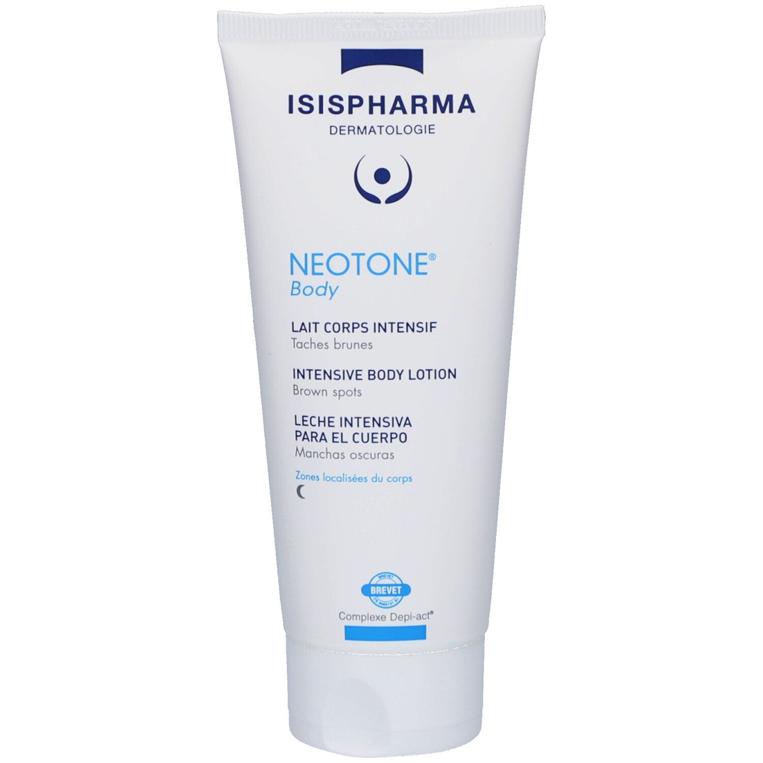 Witte tube met blauwe tekst. ISISPHARMA Dermatologie, Neotone Body, Intensive Body Lotion. Bevat tekst in meerdere talen.