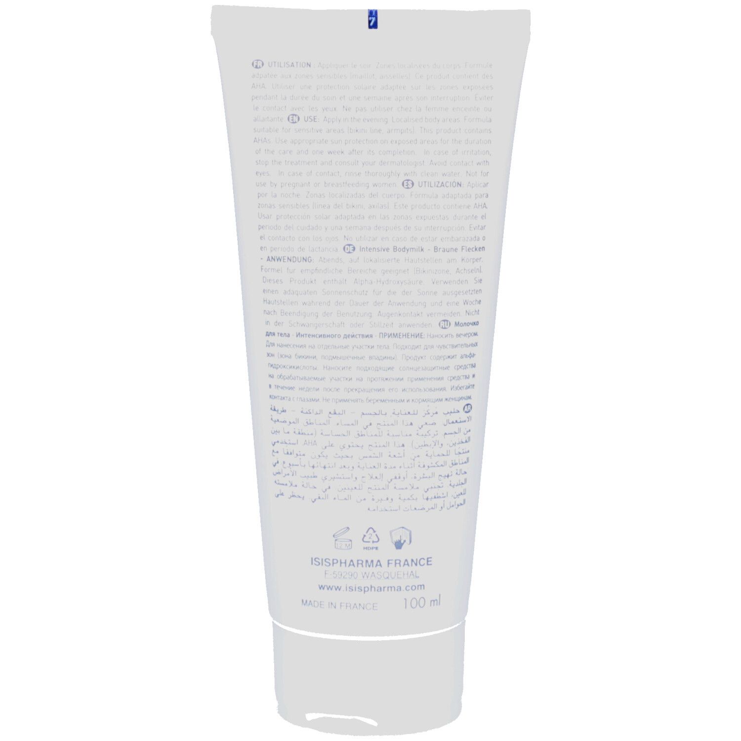 Achterkant van een witte tube. Meertalige tekst. ISISPHARMA FRANCE, www.isispharma.com. 100 ml.
