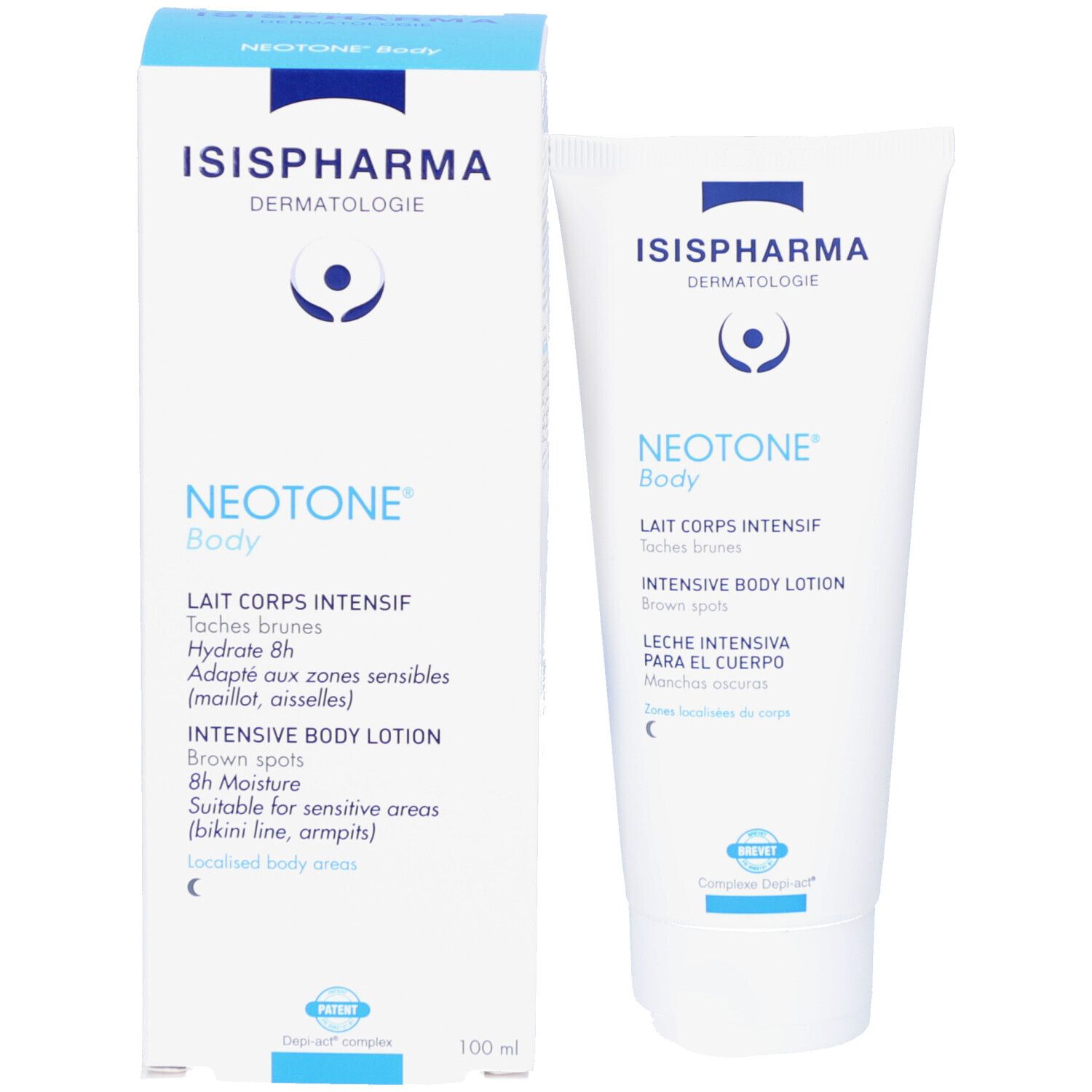 Verpakking en tube. ISISPHARMA Dermatologie, Neotone Body, Intensive Body Lotion. 100 ml.