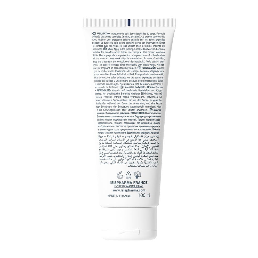 Achterkant van een witte tube. Meertalige tekst. ISISPHARMA FRANCE, www.isispharma.com. 100 ml.