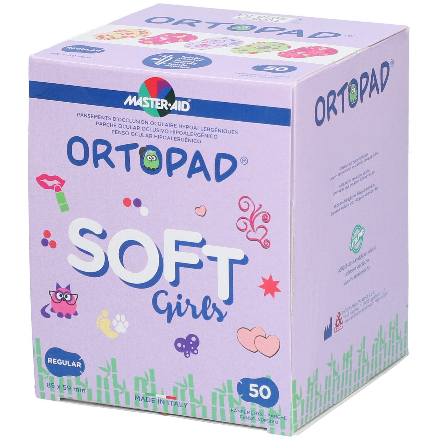ORTOPAD SOFT Girls doos. 50 pleisters. Paarse doos met productnaam en illustraties. Afmeting: 85x59mm.