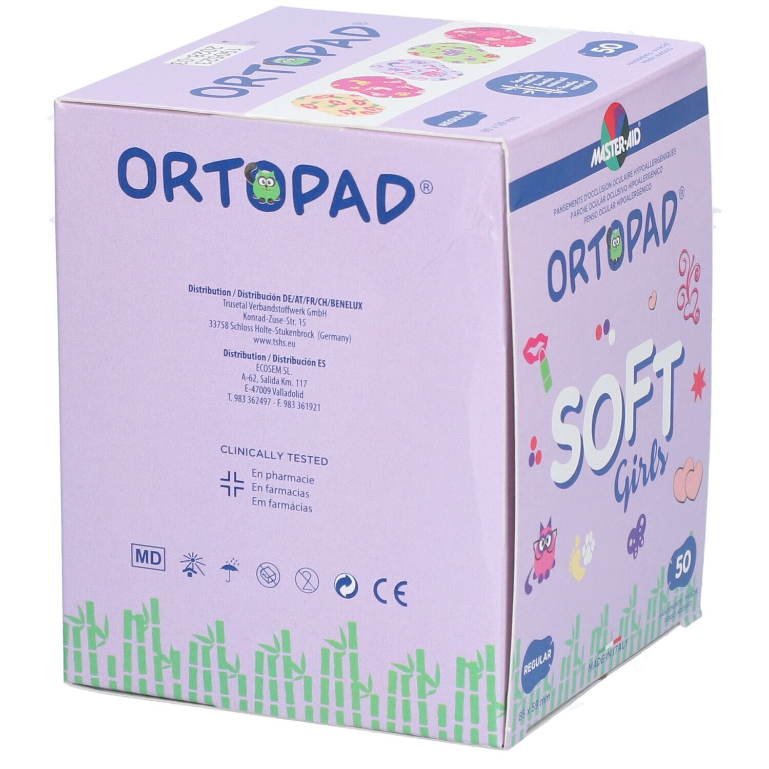 ORTOPAD SOFT Girls doos. Achterkant met informatie. Paarse doos met productnaam en illustraties. 50 pleisters.