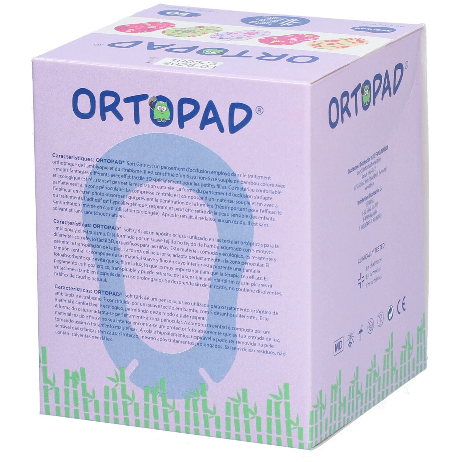ORTOPAD SOFT Girls doos. Zijkant met productinformatie. Paarse doos met naam en illustraties. 50 pleisters.