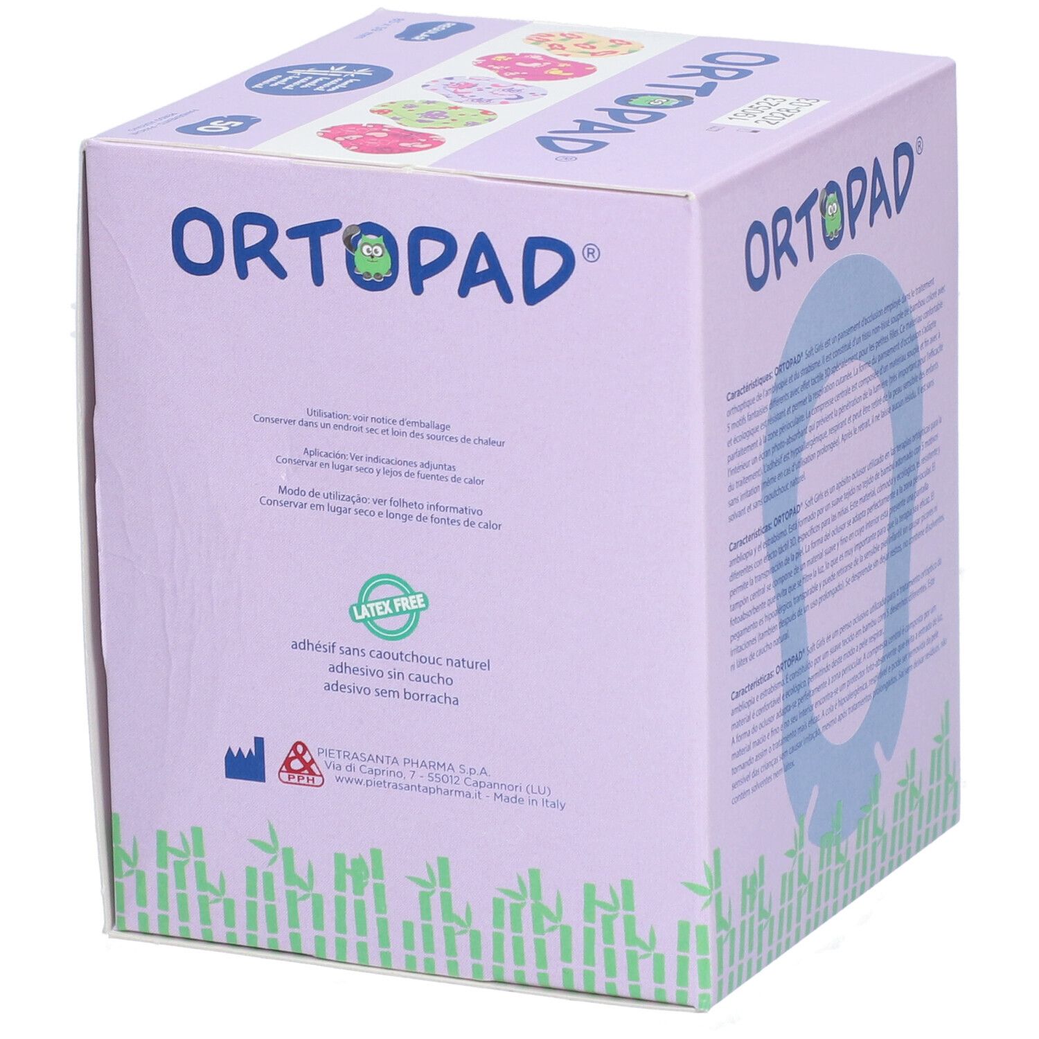 ORTOPAD SOFT Girls doos. Zijkant met productinformatie. Paarse doos met naam en illustraties. 50 pleisters.