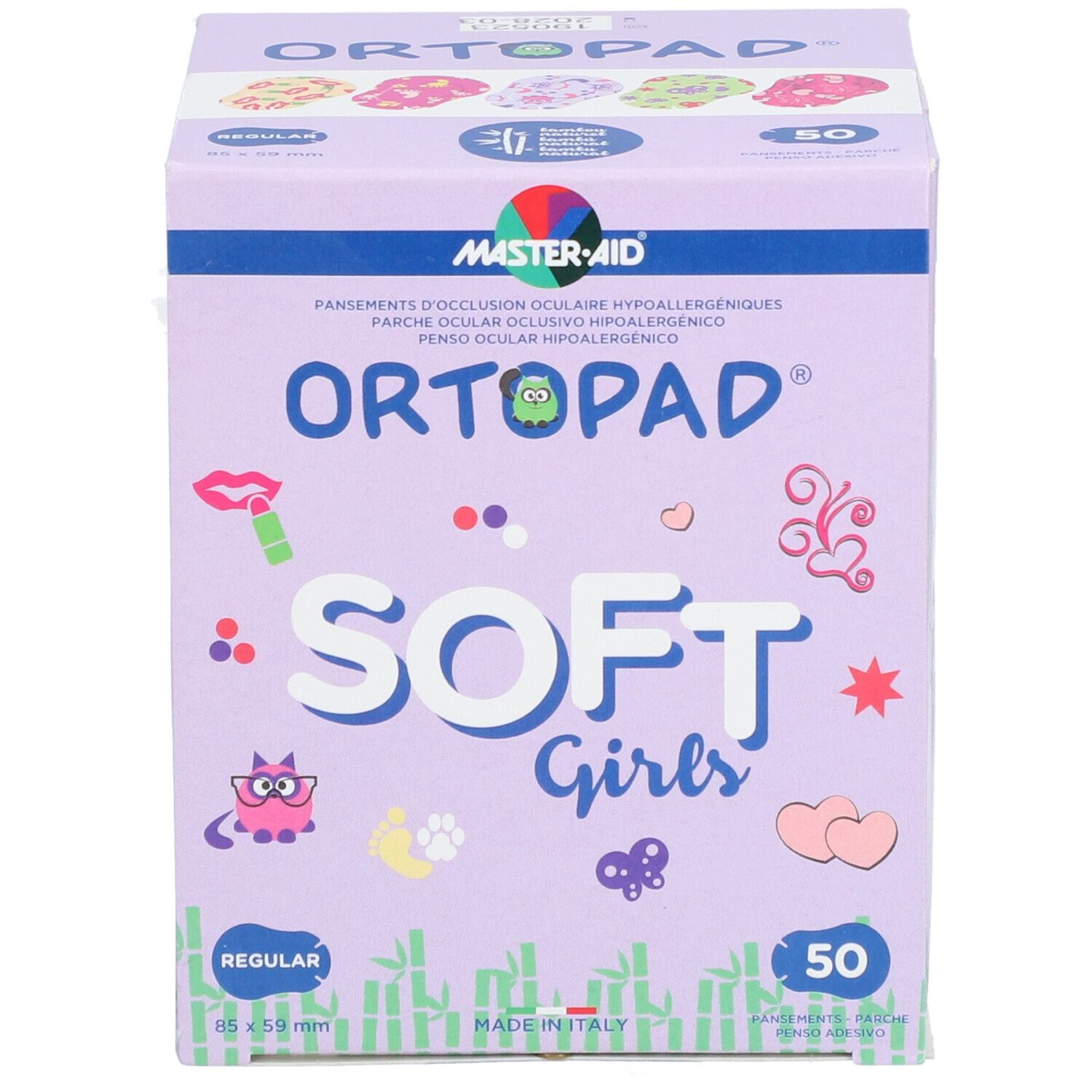 ORTOPAD SOFT Girls doos. 50 pleisters. Paarse doos met productnaam en illustraties. Afmeting: 85x59mm.