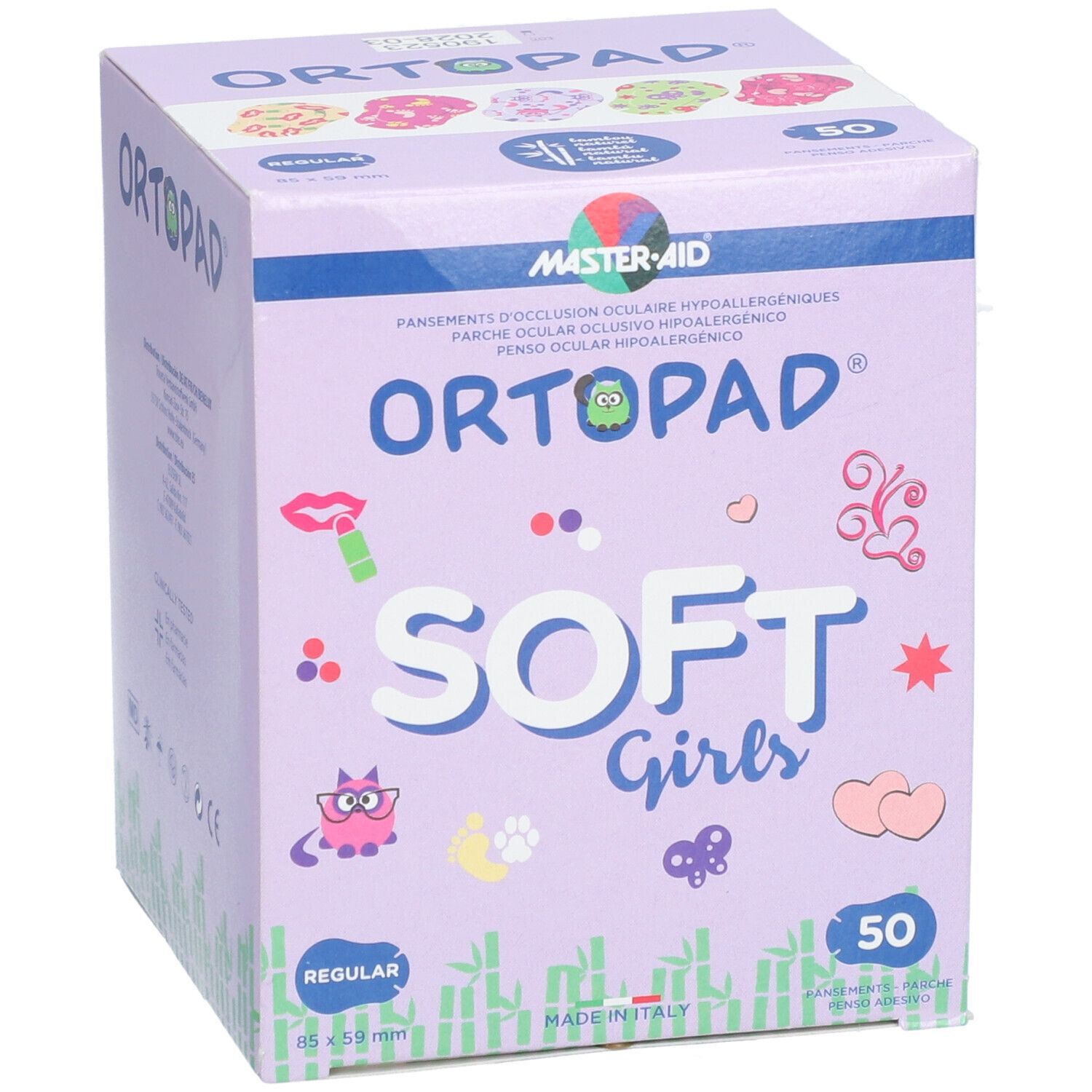 ORTOPAD SOFT Girls doos. 50 pleisters. Paarse doos met productnaam en illustraties. Afmeting: 85x59mm.