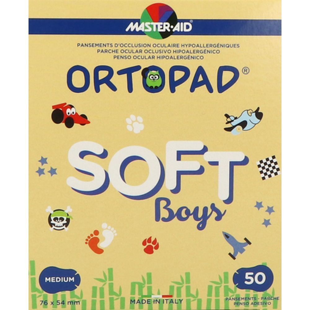 Boîte de pansements occlusifs Ortopad® SOFT Boys. Boîte jaune avec nom du produit, taille et motifs enfantins. 50 pièces.