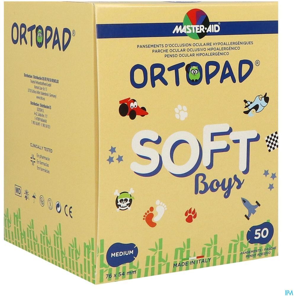 Boîte Ortopad® SOFT Boys. Boîte jaune avec nom du produit, motifs enfantins et informations. 50 pièces. Vue latérale.
