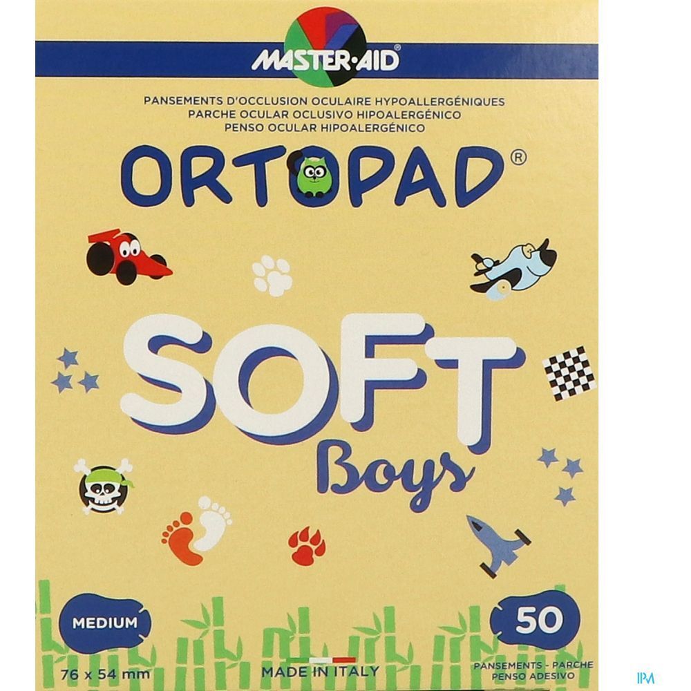 Boîte Ortopad® SOFT Boys. Boîte jaune avec nom du produit, motifs enfantins et informations. 50 pièces.