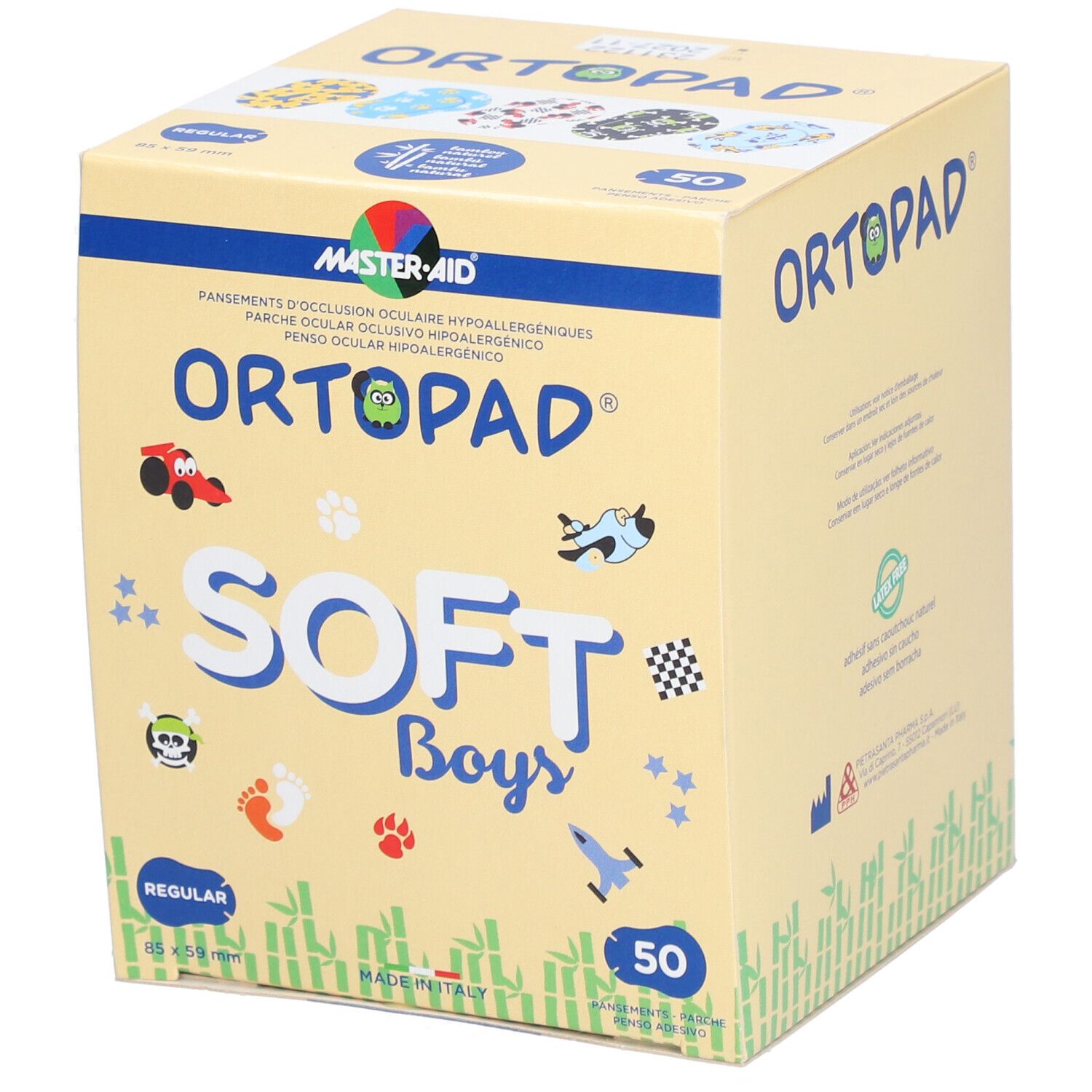 Boîte ORTOPAD SOFT BOYS REGULAR. Contient 50 pansements. Inscriptions : logo, nom du produit, illustrations, texte multilingue.
