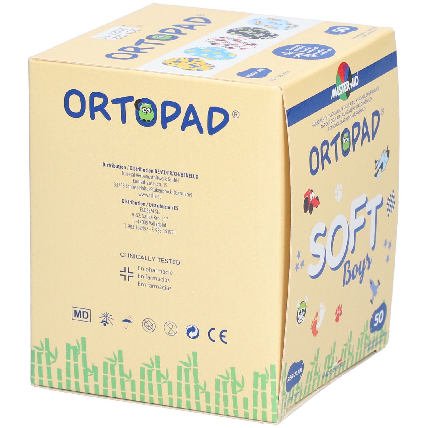 Boîte ORTOPAD SOFT BOYS REGULAR. Inscriptions : logo, nom du produit, texte multilingue, coordonnées, marquage CE.