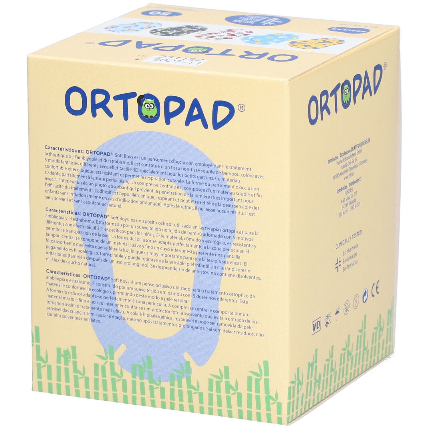 Boîte ORTOPAD SOFT BOYS REGULAR. Texte multilingue. Contient description du produit, illustrations et logo.