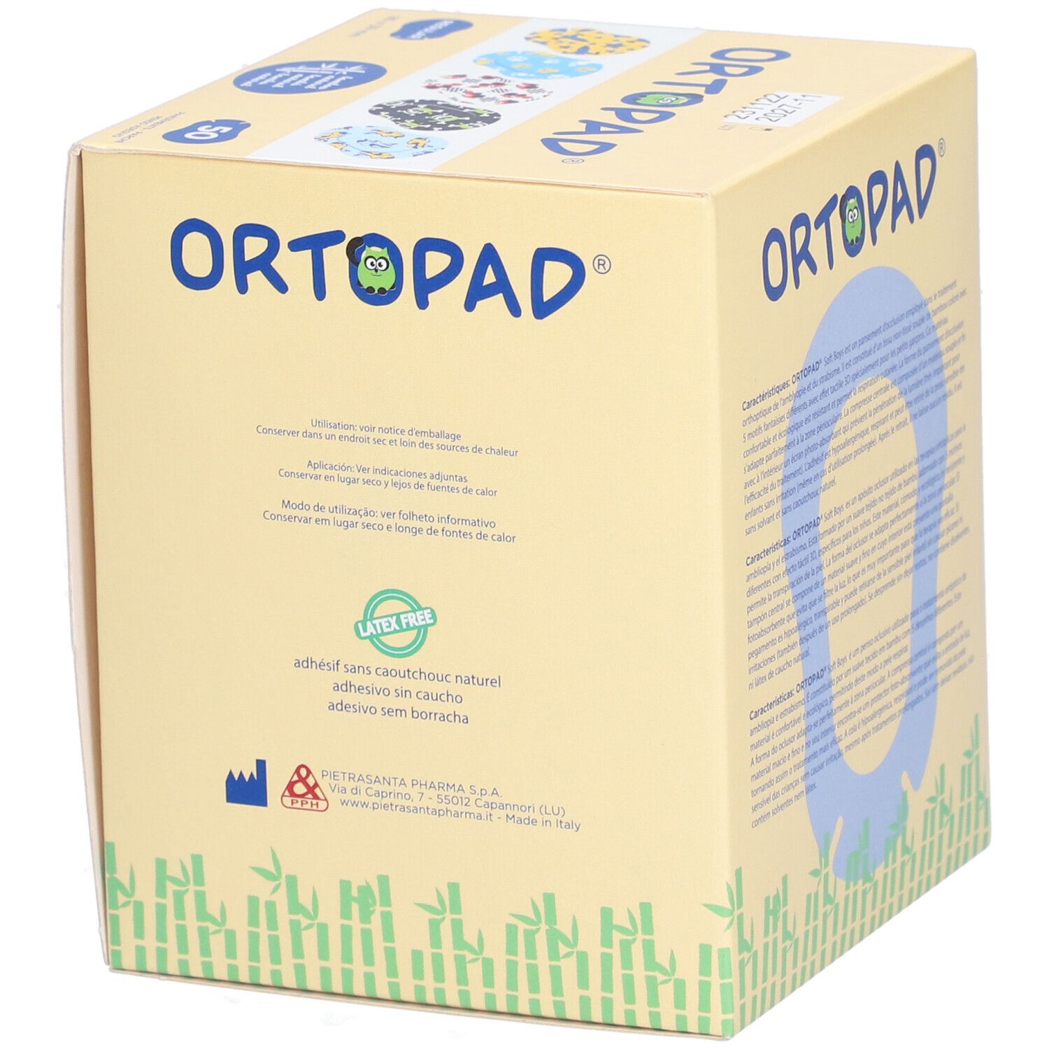 Boîte ORTOPAD SOFT BOYS REGULAR. Texte multilingue. Contient instructions d'utilisation, illustrations et logo.
