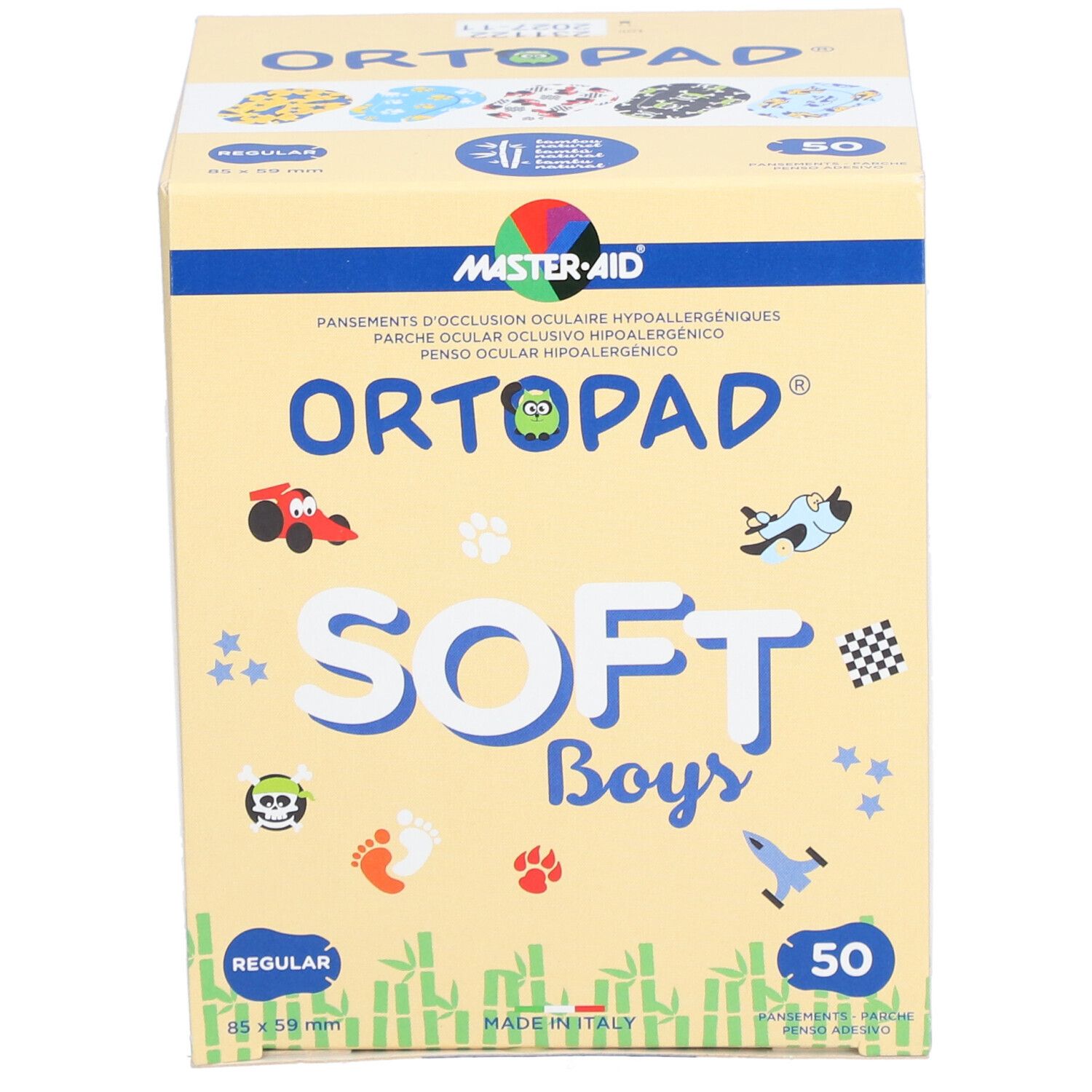 Boîte ORTOPAD SOFT BOYS REGULAR. Contient 50 pansements. Inscriptions : logo, nom du produit, illustrations, texte multilingue.