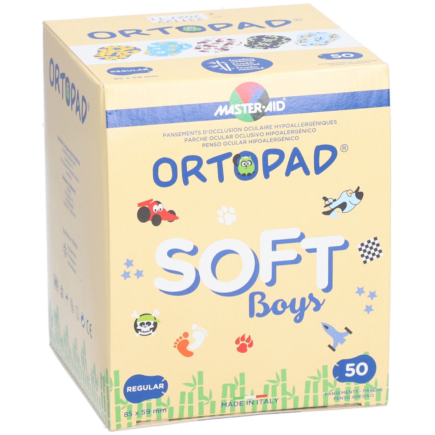 Boîte ORTOPAD SOFT BOYS REGULAR. Contient 50 pansements. Inscriptions : logo, nom du produit, illustrations, texte multilingue.