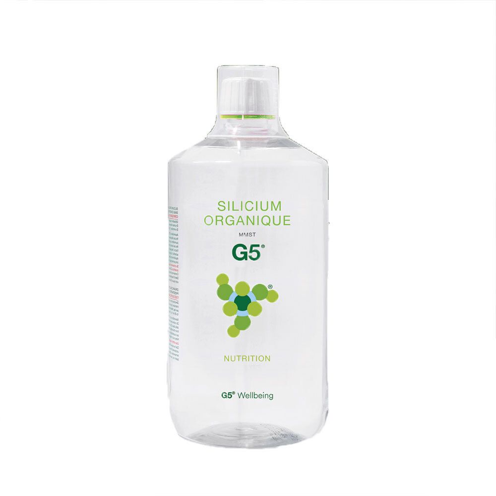 Bouteille transparente, étiquette verte. Inscription: Silicium Organique MMST G5. Nutrition. G5 Wellbeing.