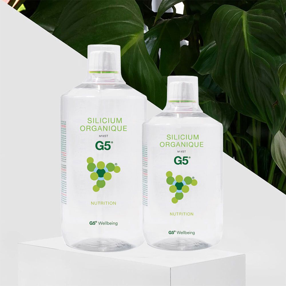 Deux bouteilles transparentes, étiquette verte. Inscription: Silicium Organique MMST G5. Nutrition. G5 Wellbeing.