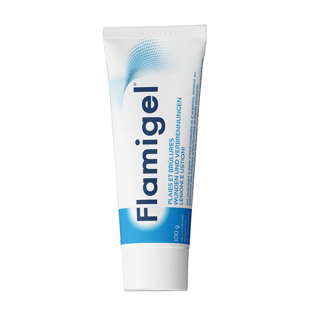 Tube Flamigel. Blauw en wit. Tekst: Wonden en brandwonden. 100g.