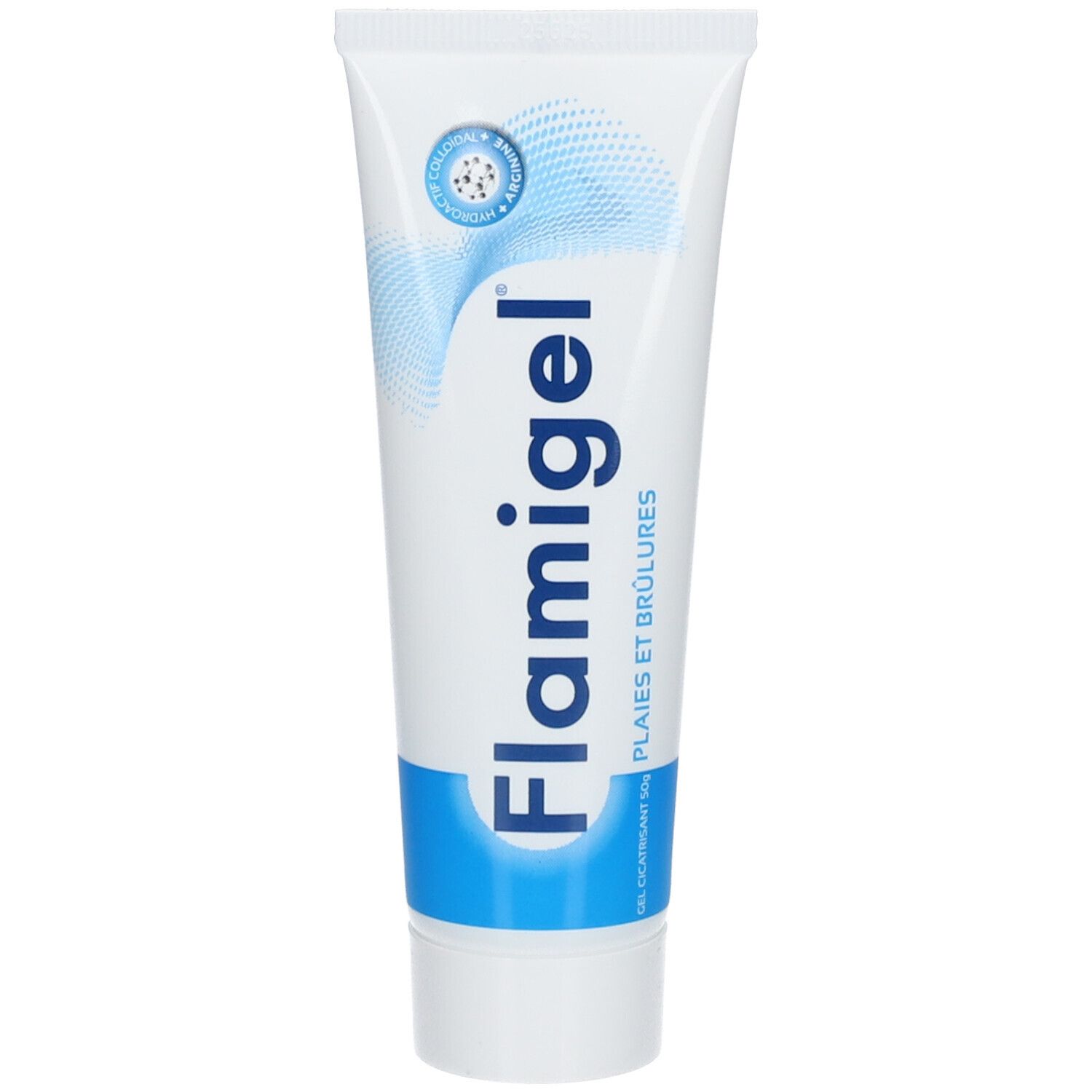 Wit-blauwe tube met productnaam Flamigel. Tekst: Wonden en brandwonden. Gel. Met certificeringen.