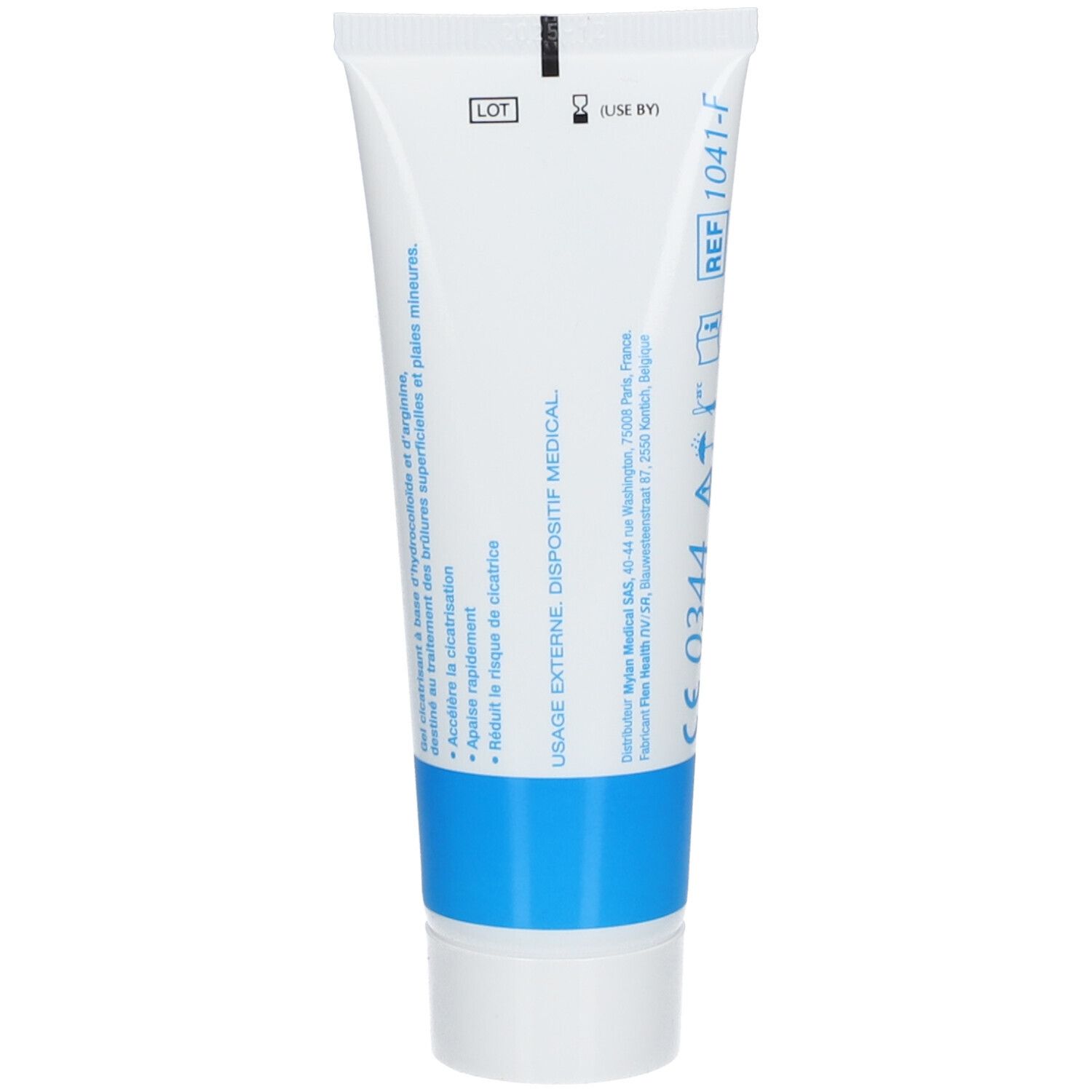Achterkant van de Flamigel tube. Tekst: Gebruiksaanwijzing, ingrediënten, fabrikantinfo. Blauw-witte achtergrond.