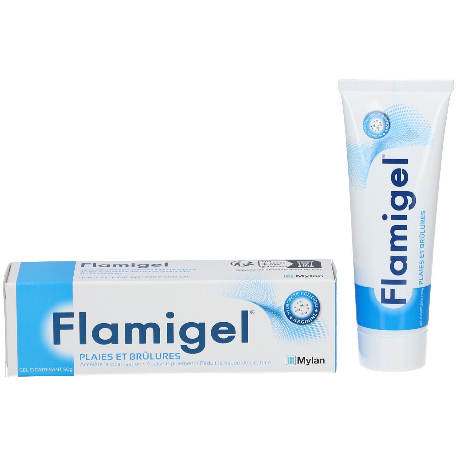 Flamigel tube en doos. Doos met productnaam en tekst: Wonden en brandwonden. Gel. Mylan logo.