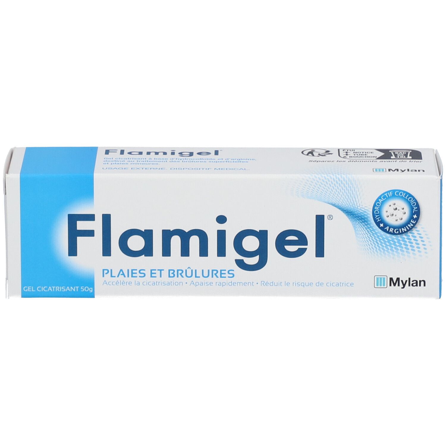 Flamigel doos. Tekst: Wonden en brandwonden. Gel. Mylan logo. Blauw-witte kleuren. Certificeringen.