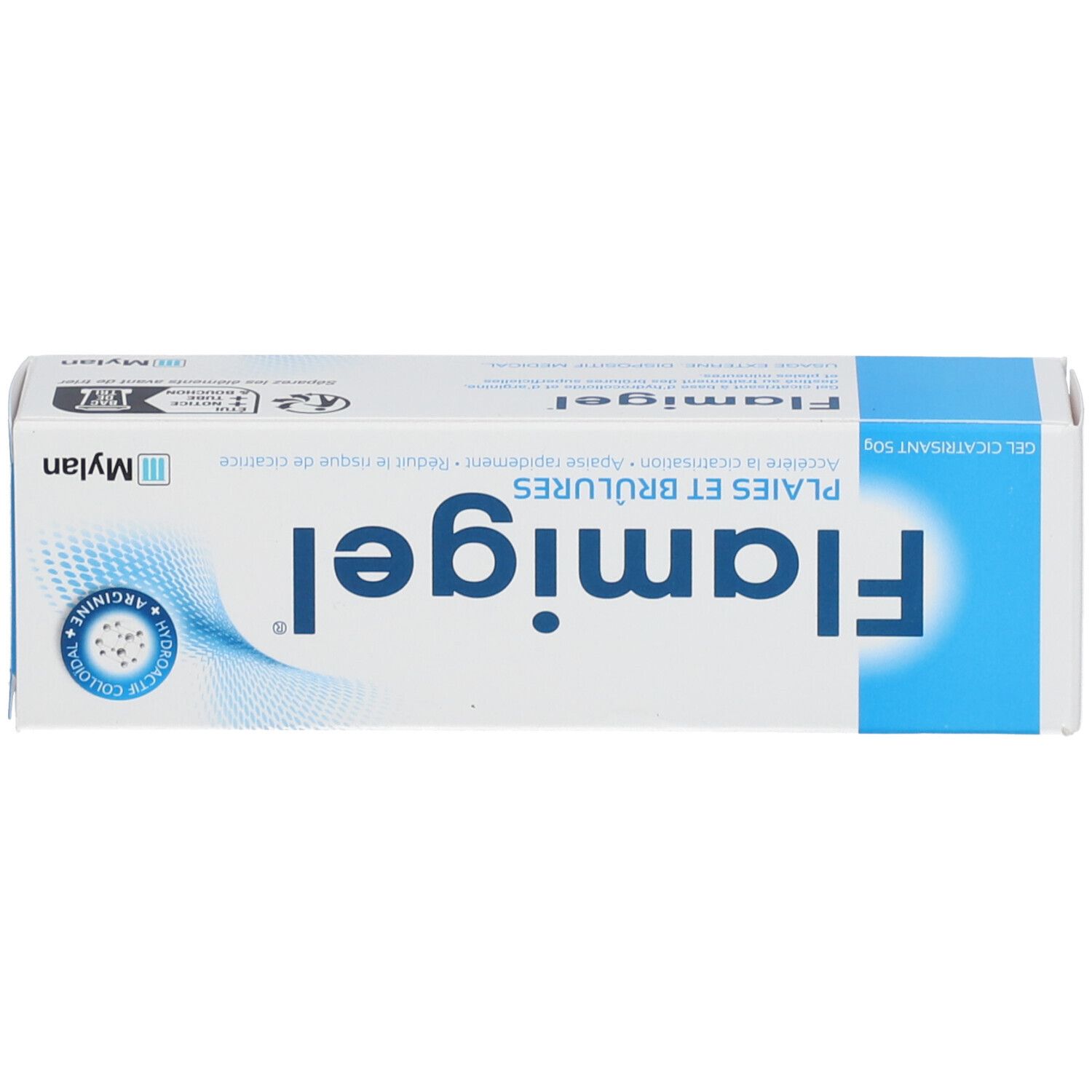 Bovenkant van de Flamigel doos. Tekst: Productnaam, Wonden en brandwonden. Gel. Mylan logo. Blauw-witte kleuren.