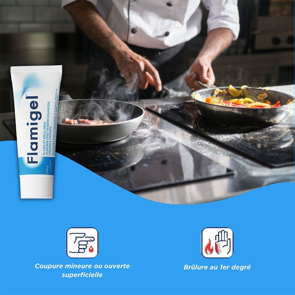 Kok in de keuken. Flamigel-tube ernaast. Tekst: Kleine of oppervlakkige snijwonden, 1e graads brandwonden.