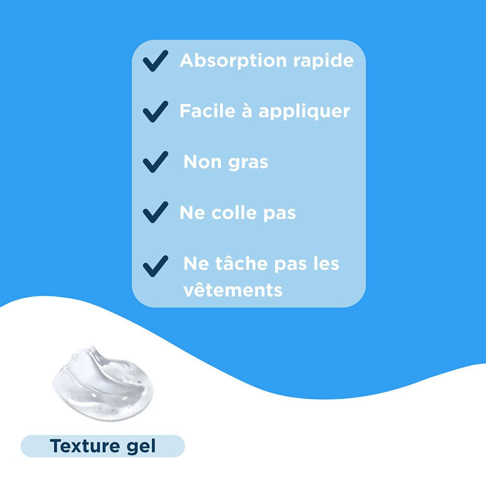 Tekst: Snelle absorptie, gemakkelijk aan te brengen, niet vet, plakt niet, vlekt niet. Geltextuur.