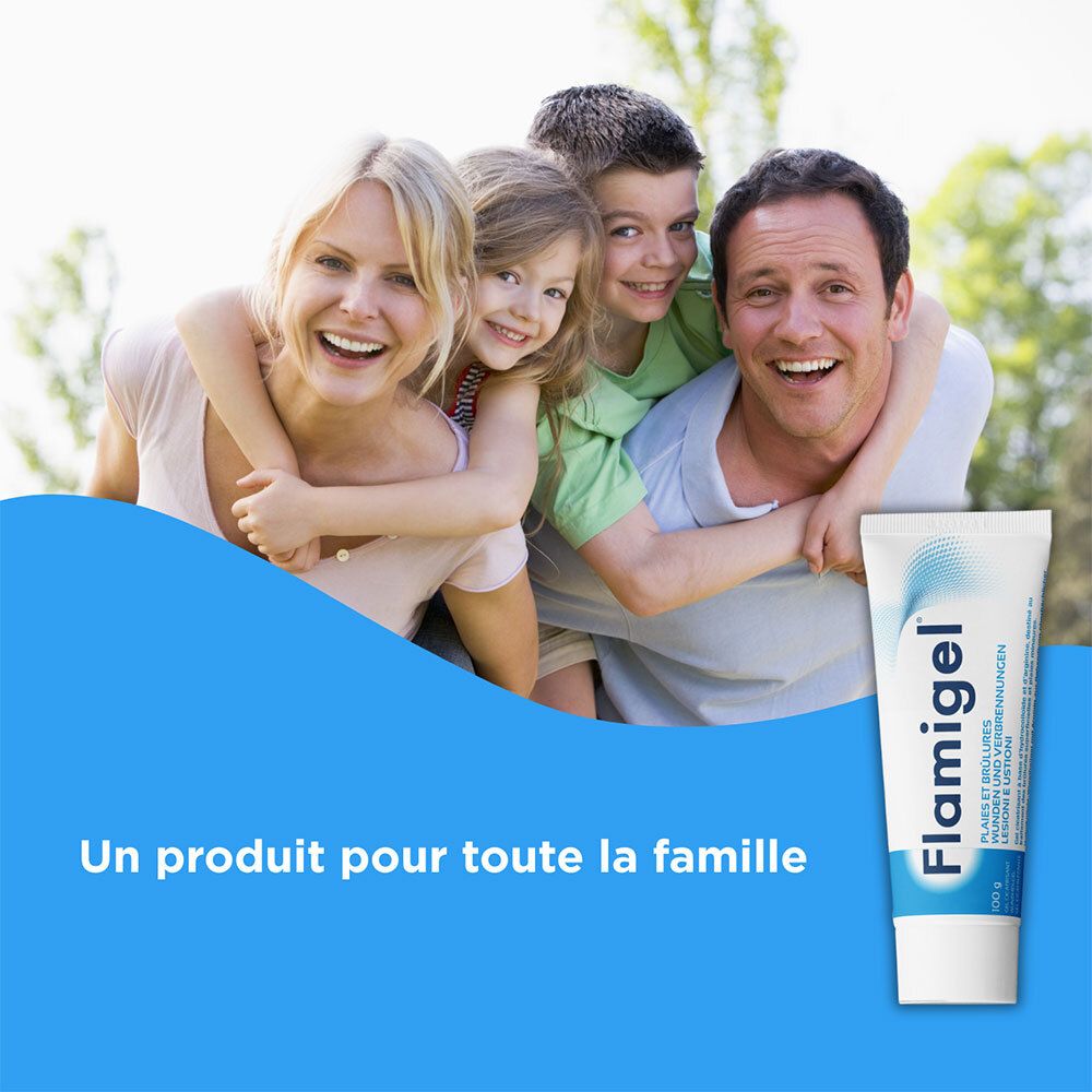 Lachende familie. Flamigel-tube ernaast. Tekst: Een product voor het hele gezin.