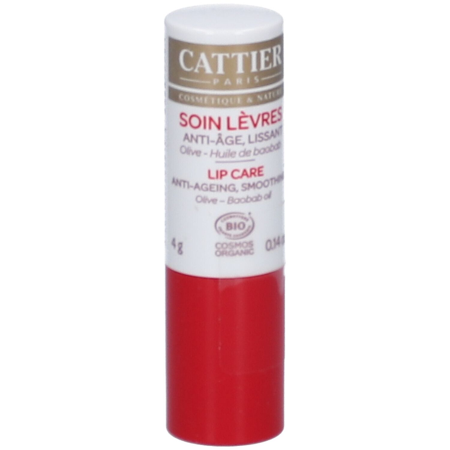 Stick à lèvres rouge et blanc. Texte: CATTIER, SOIN LÈVRES, Anti-Âge, Lissant, Olive, Huile de baobab, BIO.