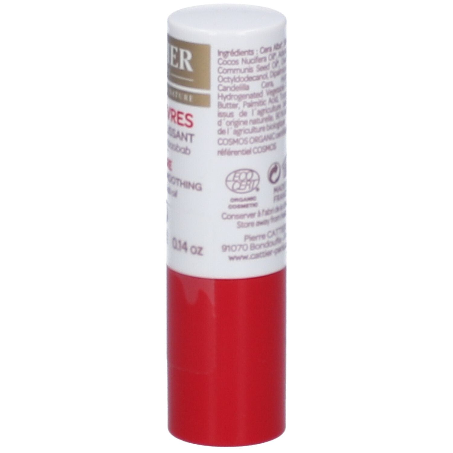 Stick à lèvres rouge et blanc. Dos avec texte, code-barres et logo. 0,14 oz.