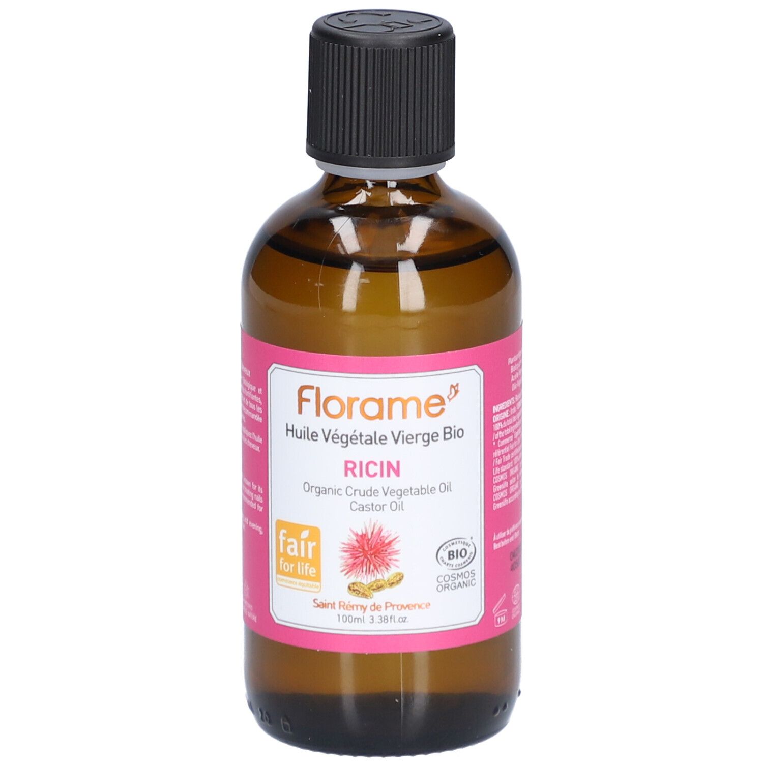 Bruine glazen fles met zwarte dop en roze etiket. Op het etiket staat "Florame" en "Ricin".