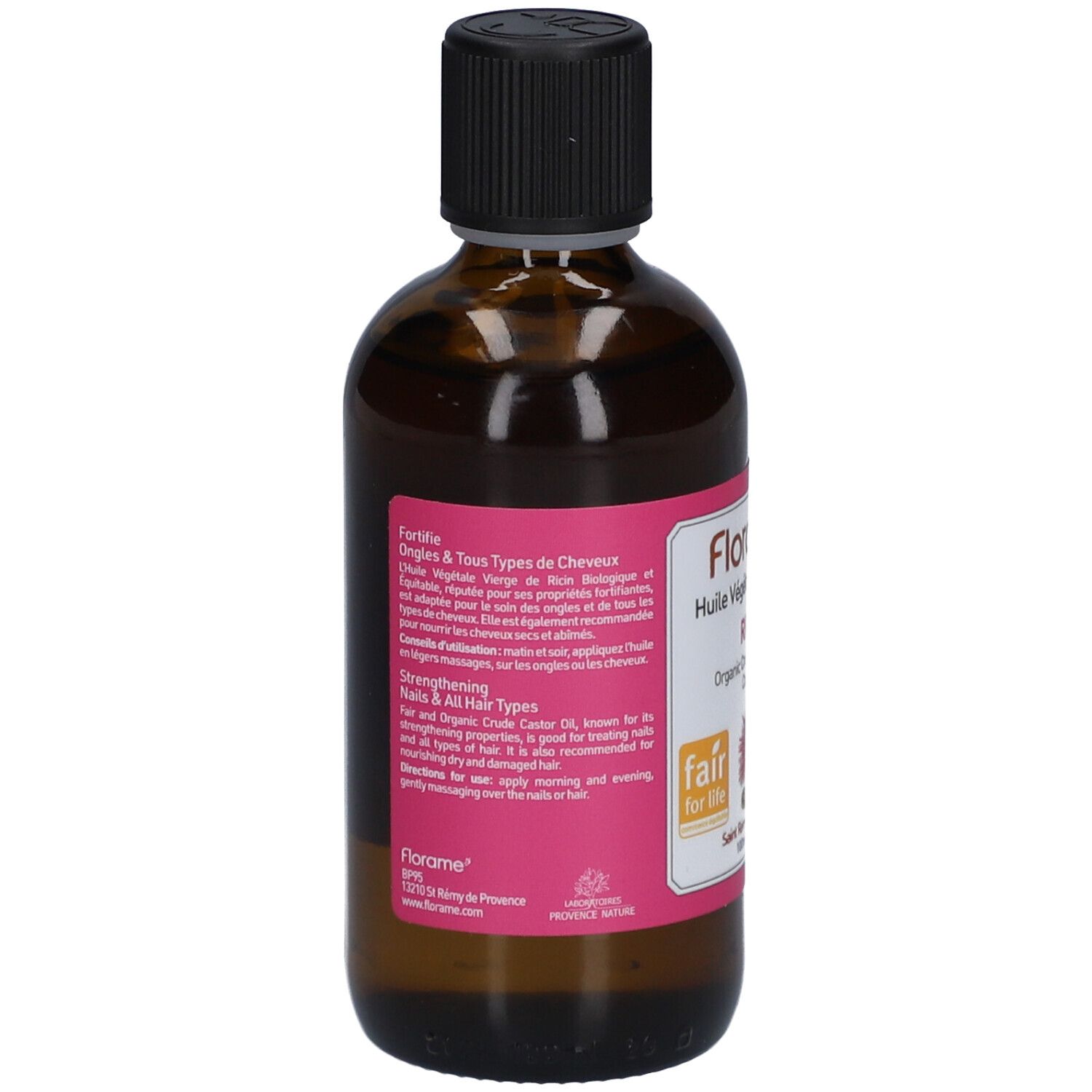 Bruine glazen fles met zwarte dop en roze etiket. Tekst op het etiket: "Fortifie Ongles & Tous Types de Cheveux".