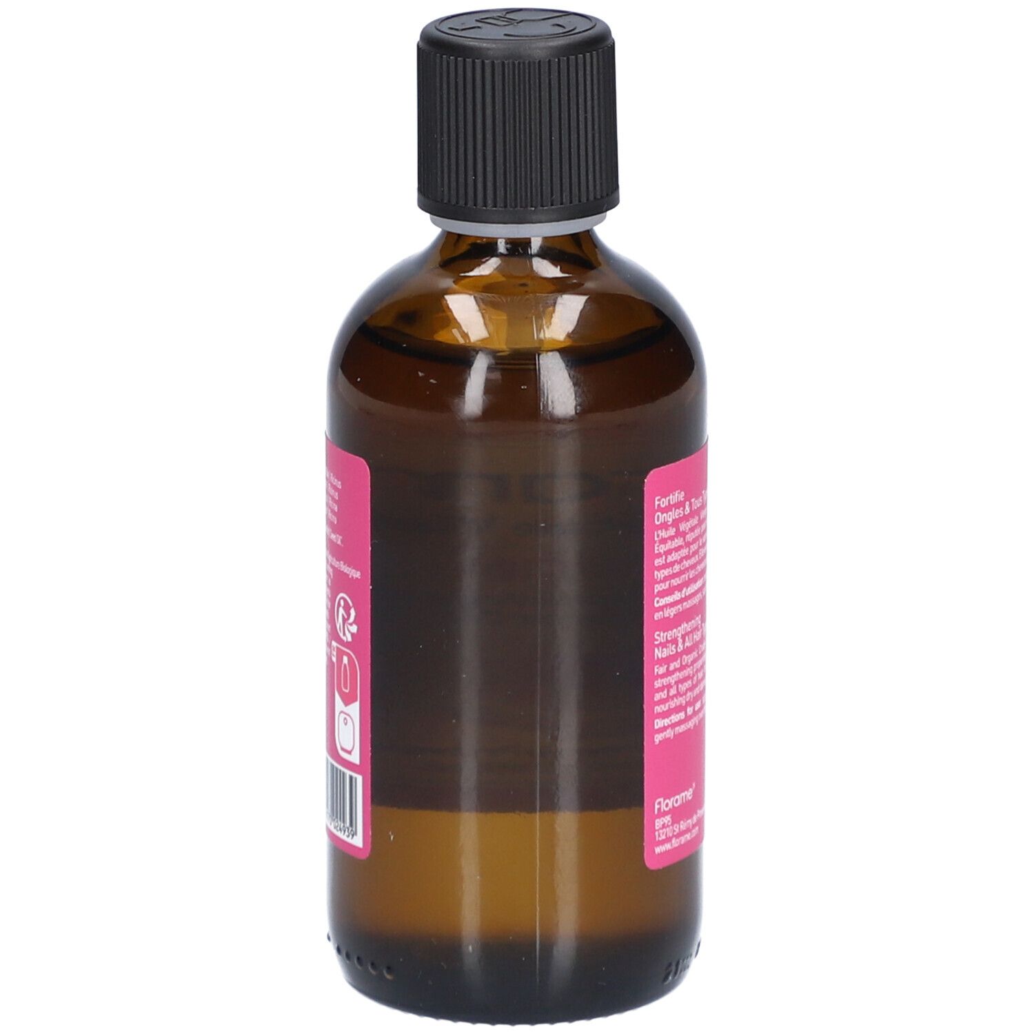 Bruine glazen fles met zwarte dop en roze etiket. Etiket met tekst en logo's, waaronder "BIO COSMOS ORGANIC".