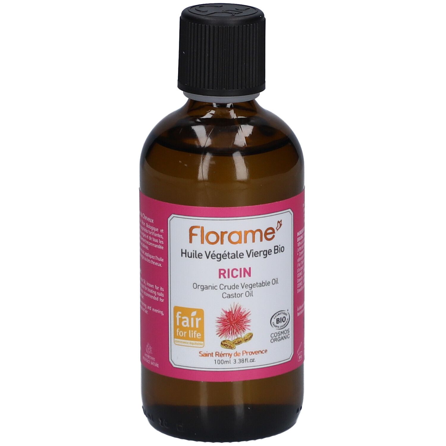 Bruine glazen fles met zwarte dop en roze etiket. Op het etiket staat "Florame" en "Ricin".