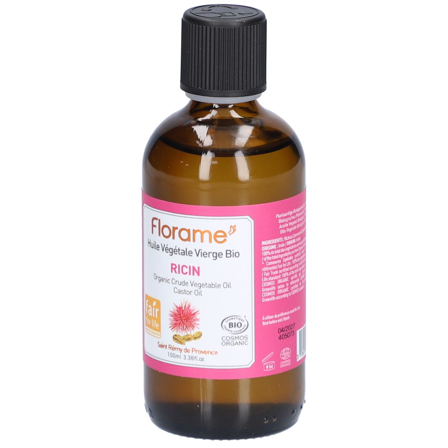Bruine glazen fles met zwarte dop en roze etiket. Op het etiket staat "Florame" en "Ricin".